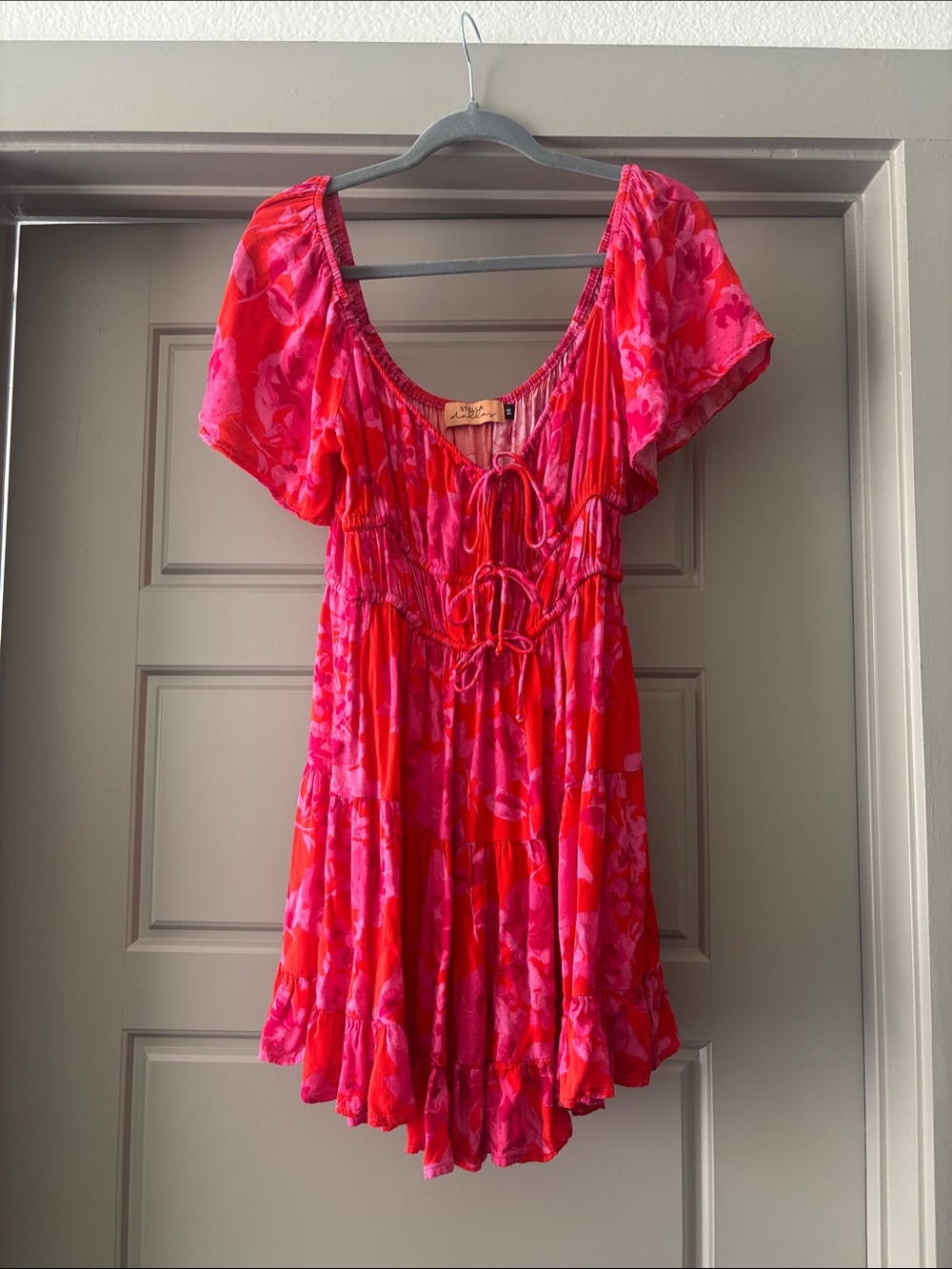 Stella Dallas, Bright Pink Floral Tie-Front Women's mini dress
